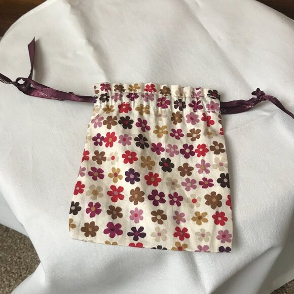 Brighton Ivory w/Colorful Rows of Flowers Jewelry Pouch w/Plum Logo Drawstring - Picture 4 of 5